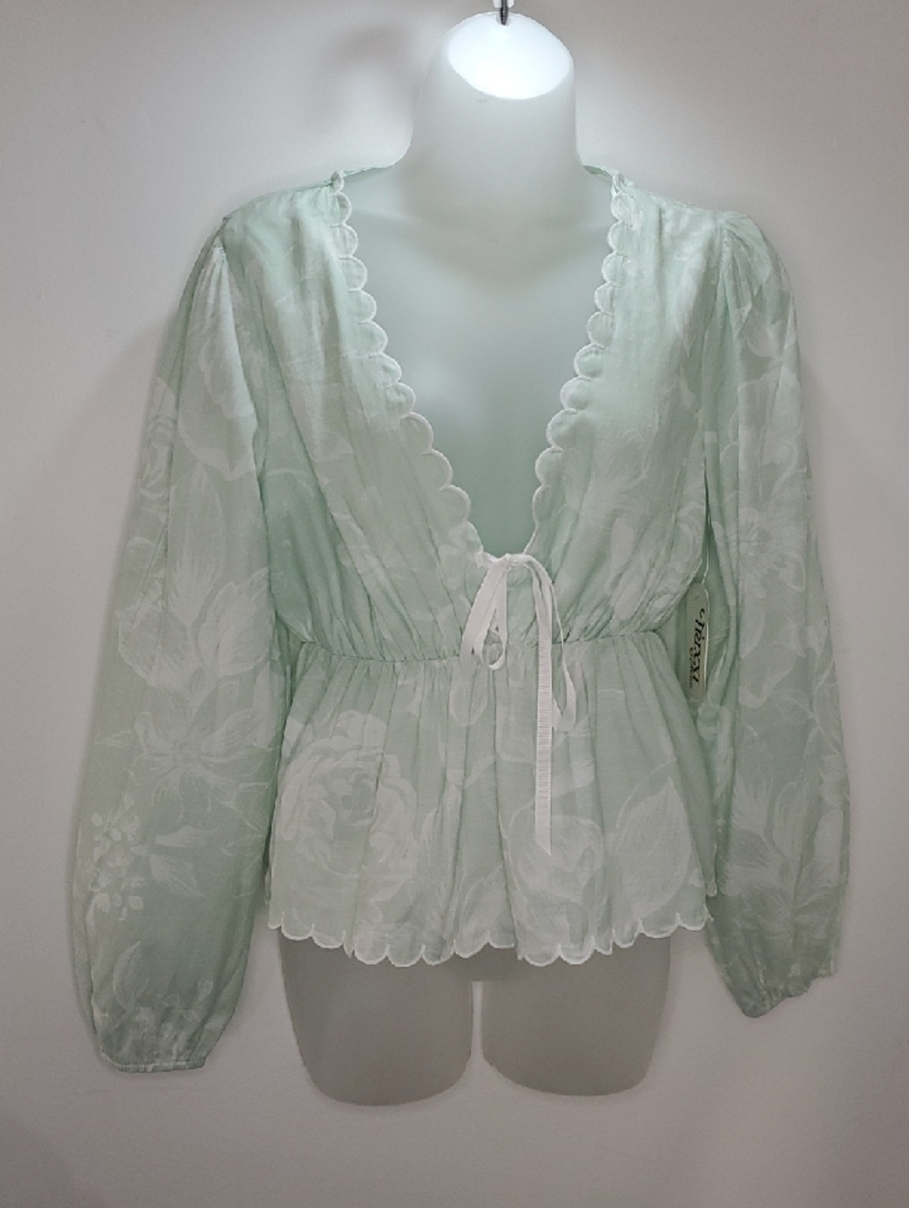 Trixxi Mint Green and White Sheer Floral Tie-Front Top